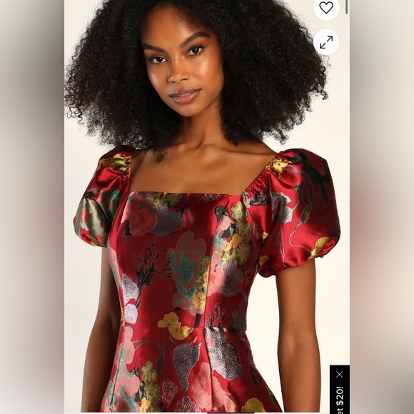 Lulus so stunning mini jacquard floral puff sleeve holiday party wedding dress - Picture 5 of 11